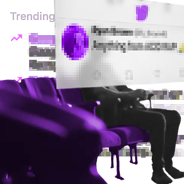 A greyed‐out man sits in a purple chair. An enormous semi‐transparent tweet with a pixellated texture floats in front of him, facing away, blocking his face. In the background, a distorted Facebook "Trending" pane is visible.